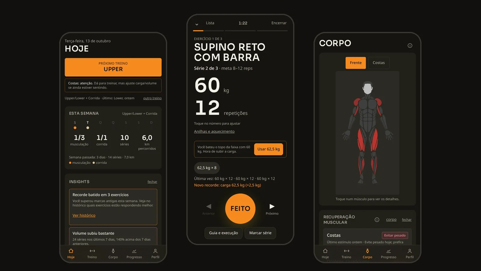 Três telas do app: resumo da semana, Modo Treino com supino e boneco com músculos treinados em vermelho