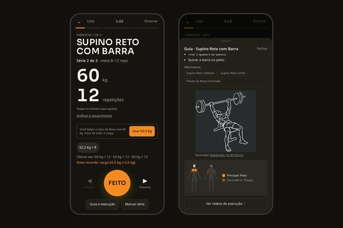 Modo Treino: uma série por vez, com sugestão de subir a carga e guia de execução do exercício
